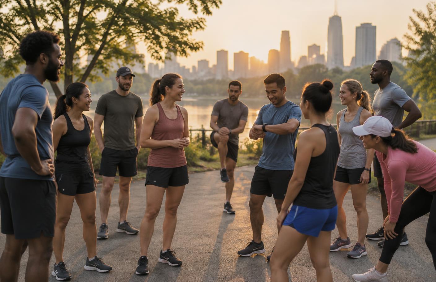 A run group gathering on a park path before a weekly club run