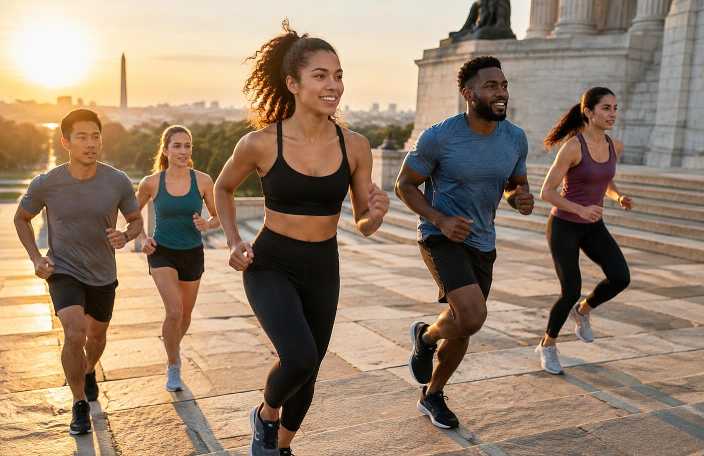 Runners doing a sunrise workout on city monument steps