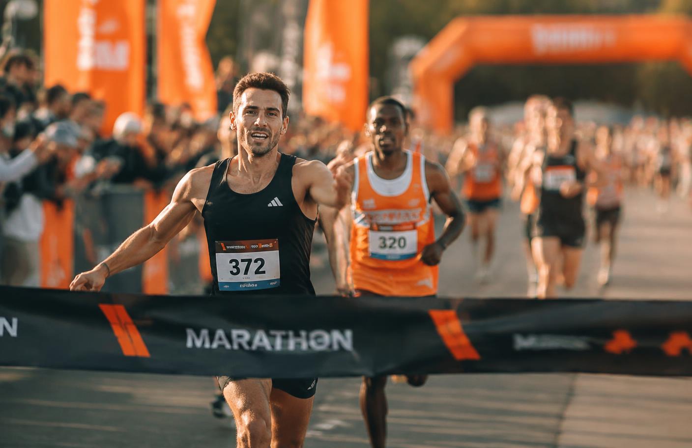 Runners crossing a marathon finish line