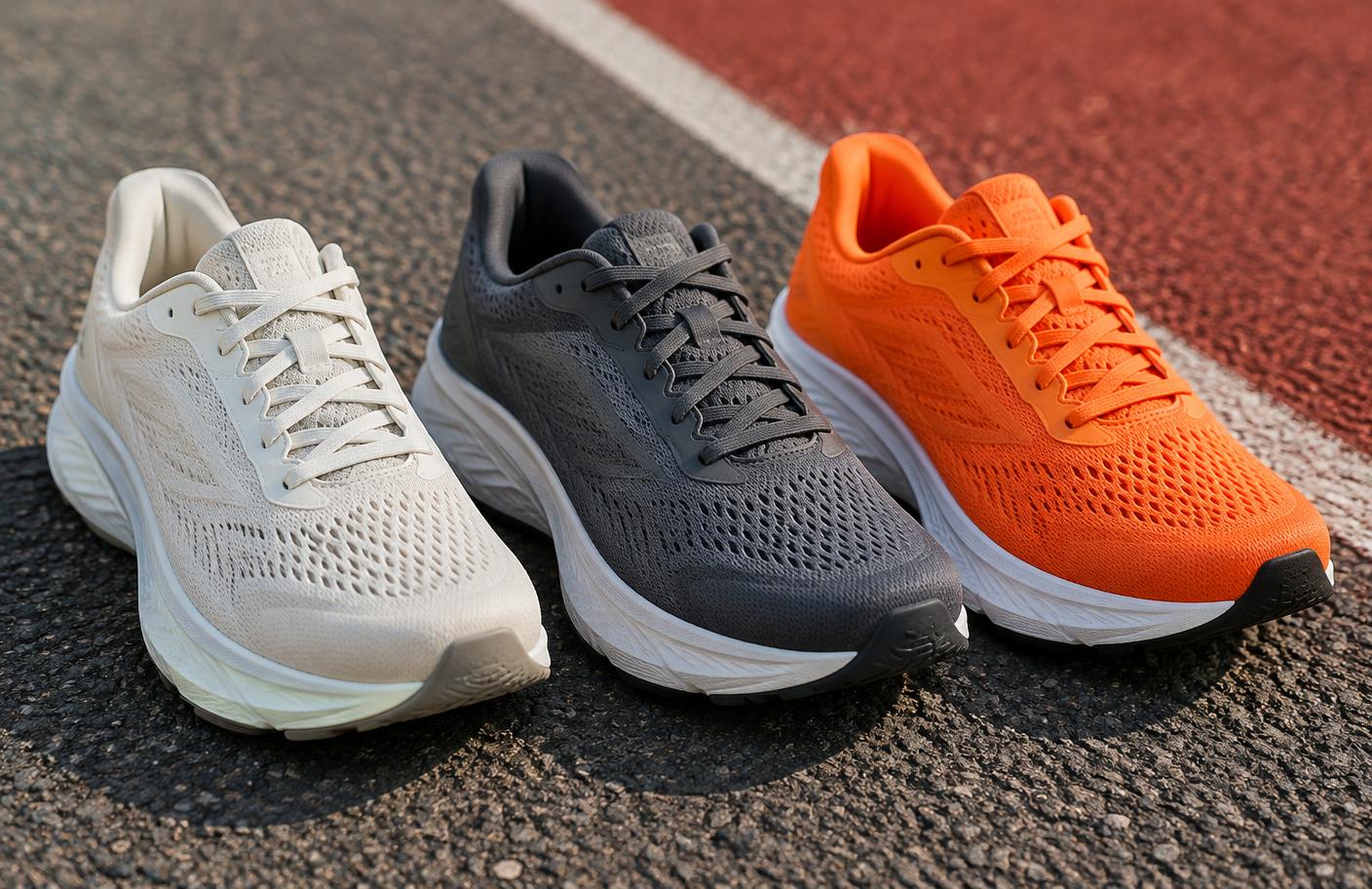 Running shoes lined up beside a track