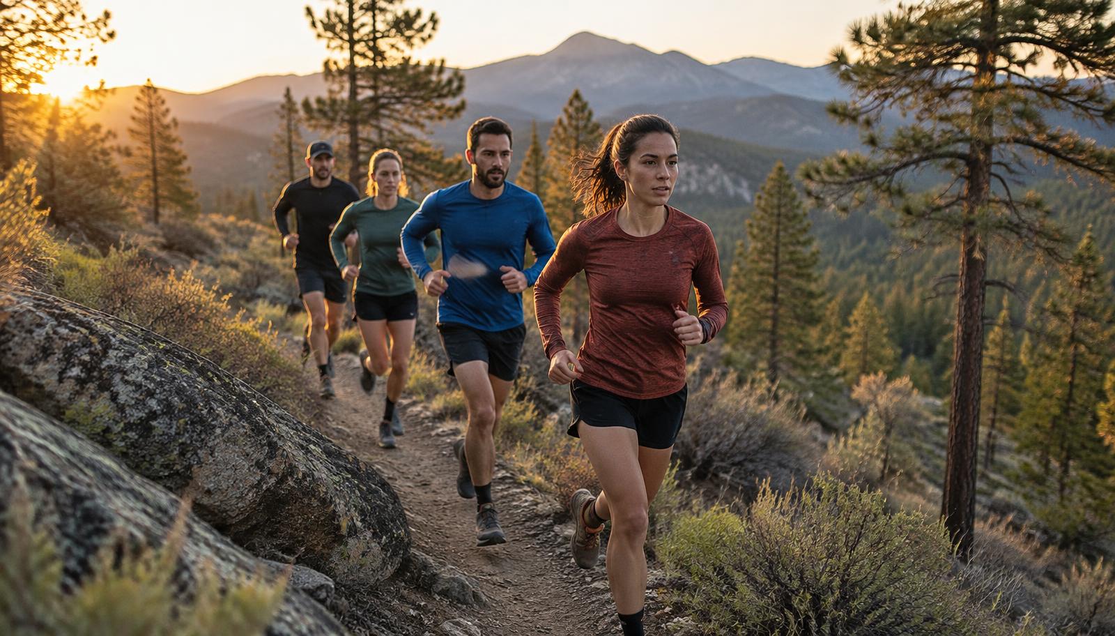 Runners on a mountain singletrack trail at sunrise